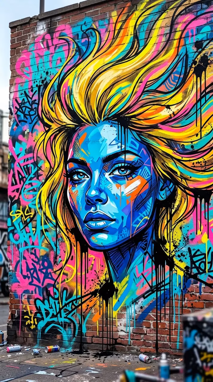 Vibrant Street Art Mural Featuring an Abstract Female Face with Graffiti Lettering - Free Mobile AMOLED Wallpaper Background