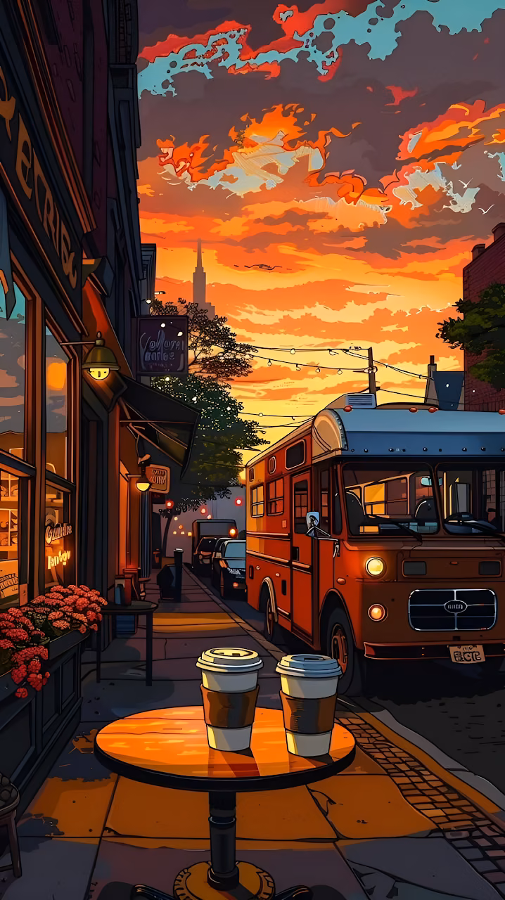 Download Vibrant Sunset City Street Cafe Illustration with Food Truck Wallpaper in Mobile HD Vibrant Sunset City Street Cafe Illustration with Food Truck - Free Mobile AMOLED Wallpaper Background