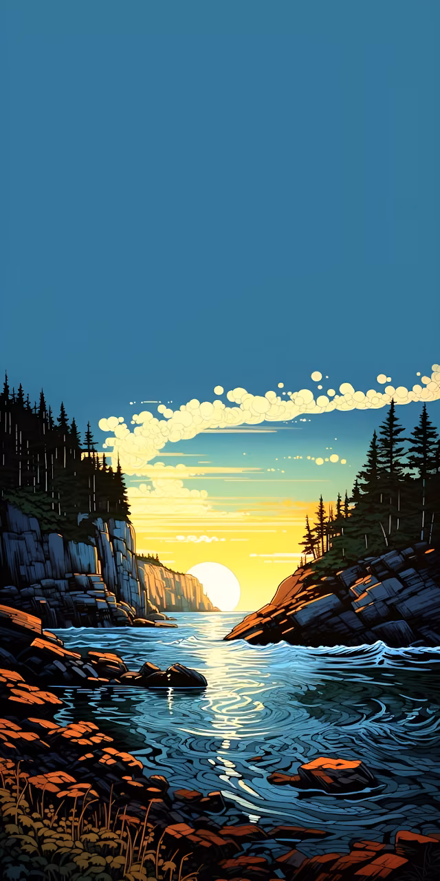 Vibrant Sunset Cove Illustration Pine Forest Cliffs - Free Mobile AMOLED Wallpaper Background