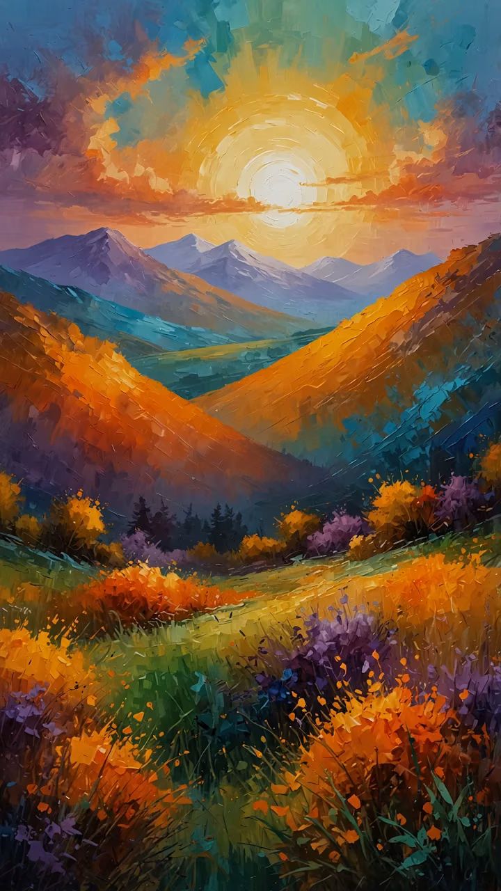 Vibrant Sunset Over Colorful Mountain Valley - Free Mobile AMOLED Wallpaper Background