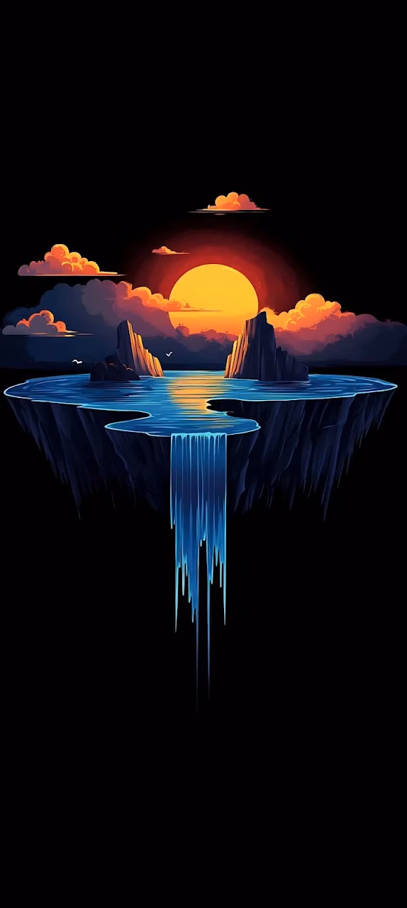 Vibrant Sunset Over Floating Island Waterfall Illustration - Free 4K Desktop Wallpaper Background