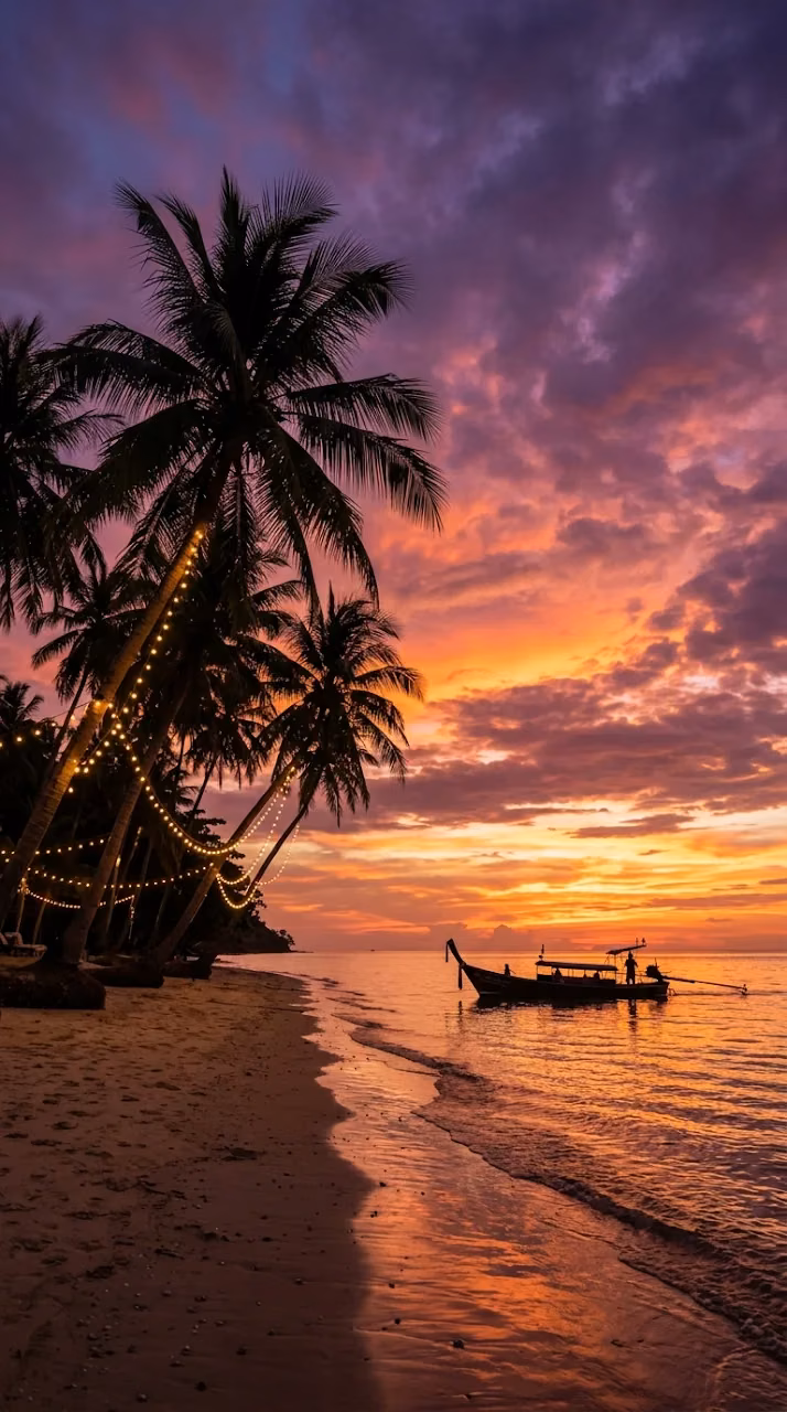 Vibrant Sunset Over Tropical Beach with Longtail Boat and Palms - Free Mobile AMOLED Wallpaper Background