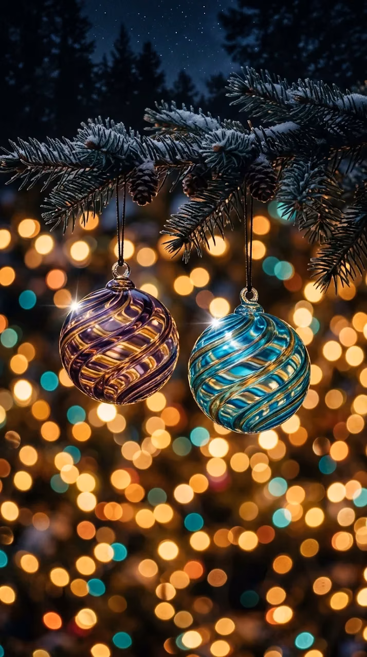 Vibrant Swirling Glass Ornaments Hanging in Festoon Lights - Free 4K Desktop Wallpaper Background