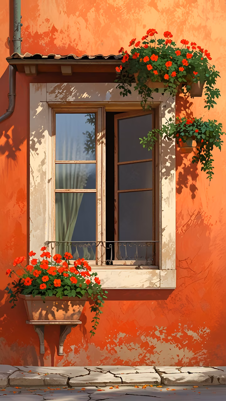 Download Vibrant Terracotta Wall Window with Red Geraniums Art Wallpaper in Mobile HD Vibrant Terracotta Wall Window with Red Geraniums Art - Free Mobile AMOLED Wallpaper Background