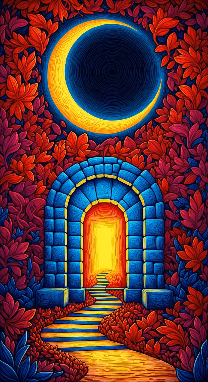 Vibrant Threadwork Illustration of a Mystical Blue Archway with Glowing Yellow Door and Moon - Free Mobile AMOLED Wallpaper Background