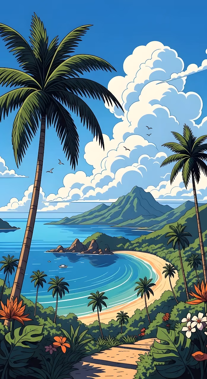 Vibrant Tropical Beach Vista with Cumulus Clouds and Mountains - Free Mobile AMOLED Wallpaper Background