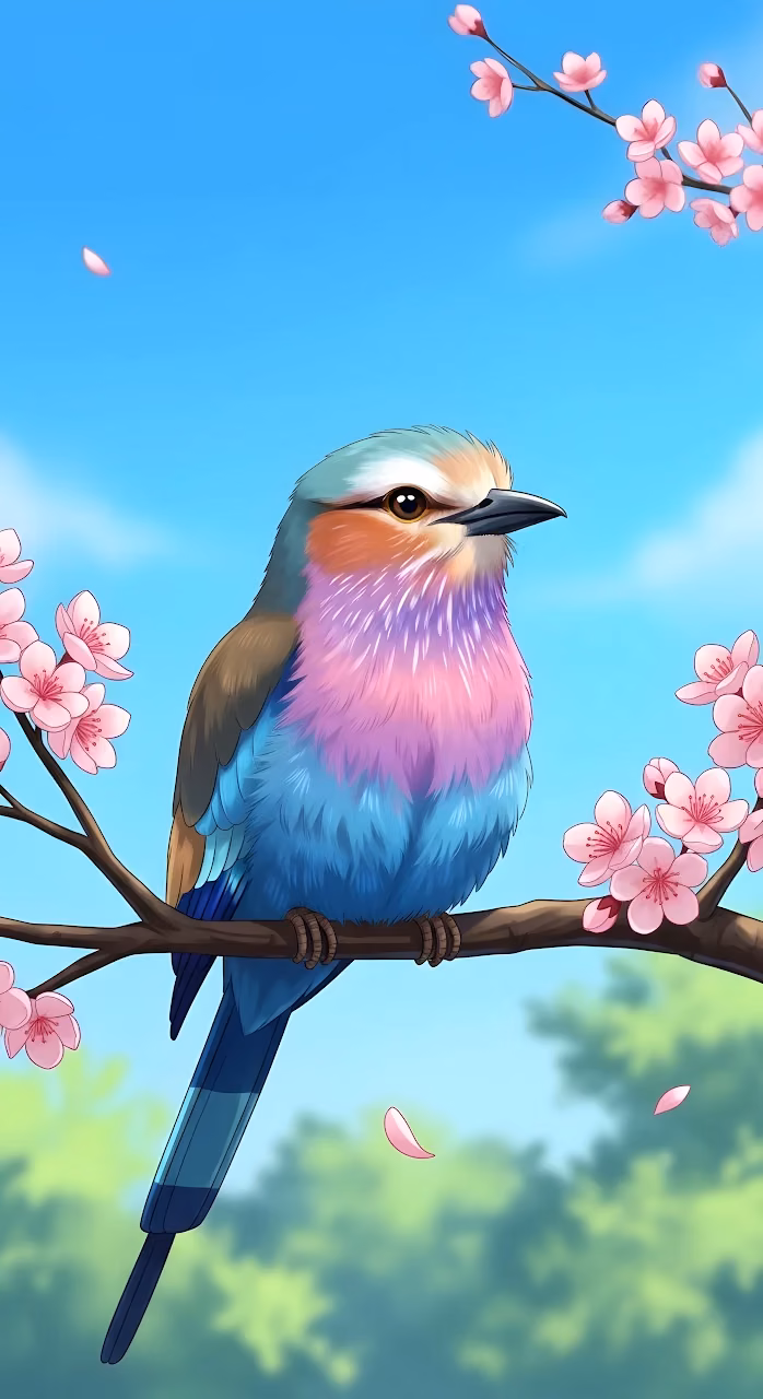 Vibrant Tropical Bird on Pink Cherry Blossom Branch Art - Free Mobile AMOLED Wallpaper Background
