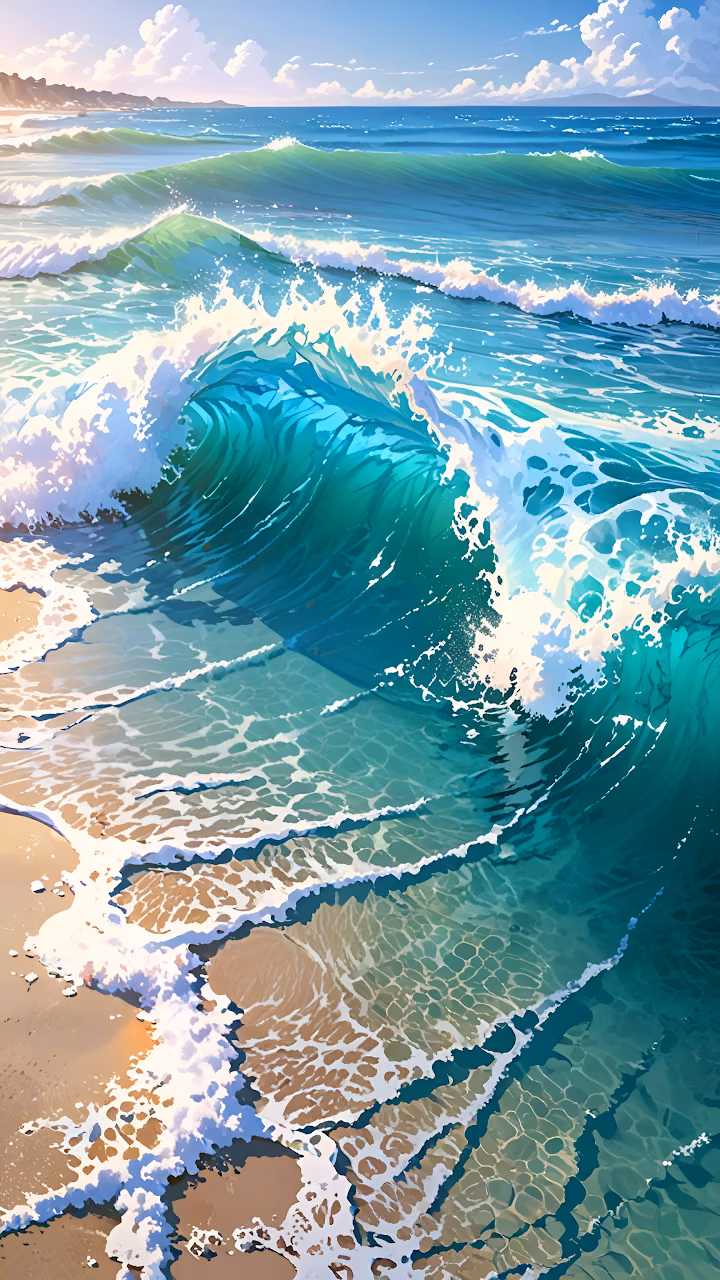 Vibrant Turquoise Ocean Wave Crashing Sandy Shoreline Art - Free Mobile AMOLED Wallpaper Background