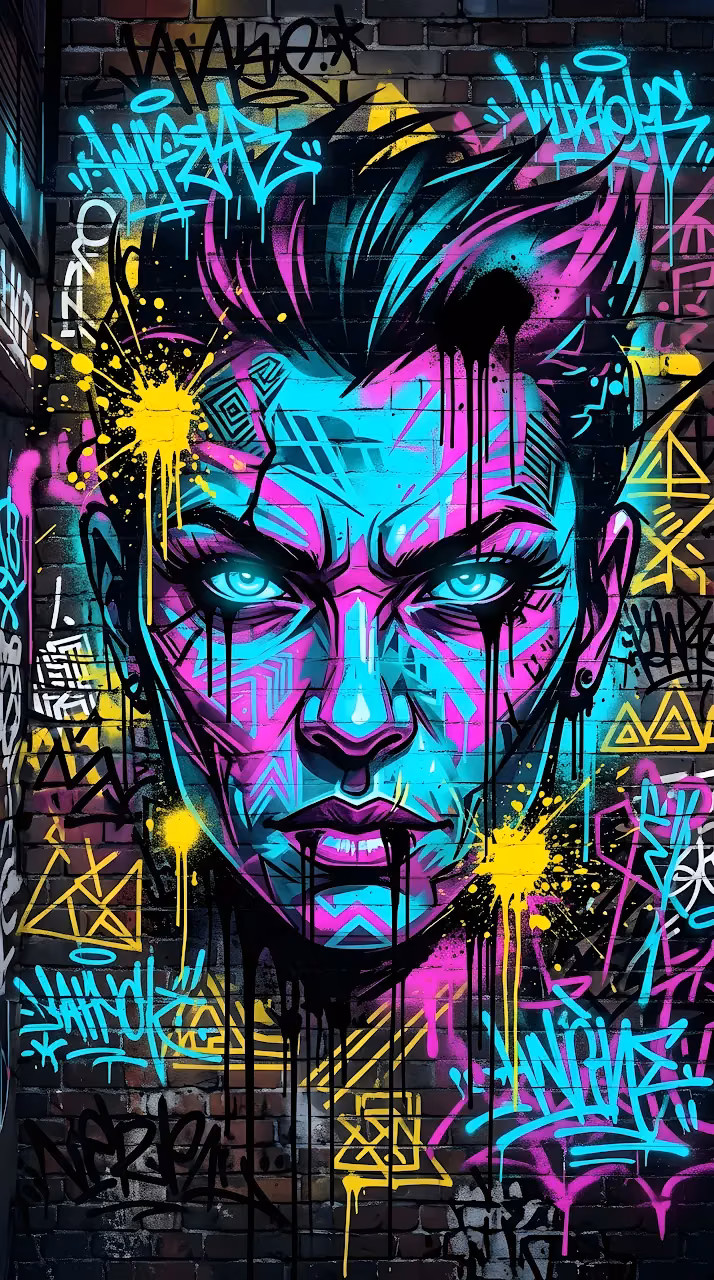 Vibrant Urban Graffiti Illustration of a Stylized Face with Abstract Splatters - Free Mobile AMOLED Wallpaper Background