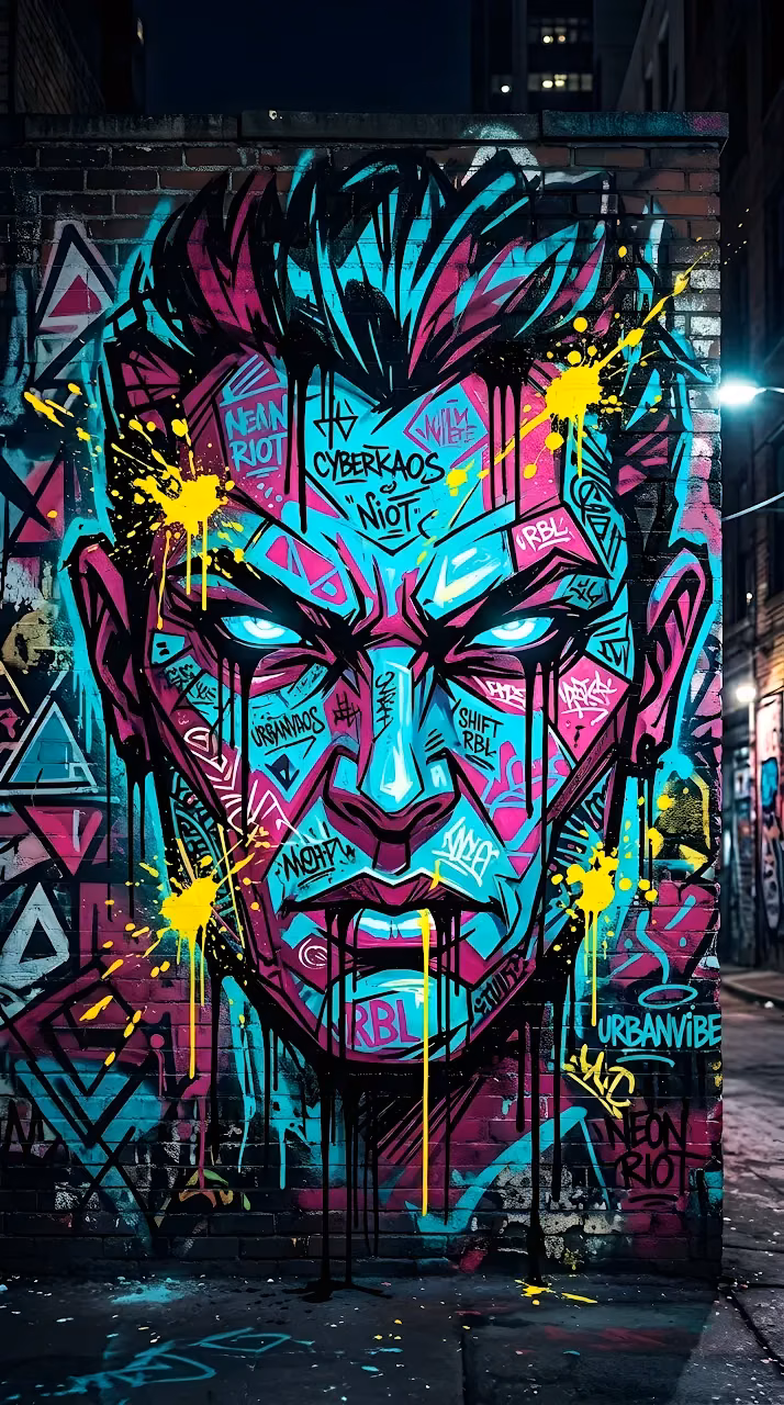 Download Vibrant Urban Graffiti Illustration of a Stylized Face with Abstract Splatters Wallpaper in Mobile HD Vibrant Urban Graffiti Illustration of a Stylized Face with Abstract Splatters - Free Mobile AMOLED Wallpaper Background