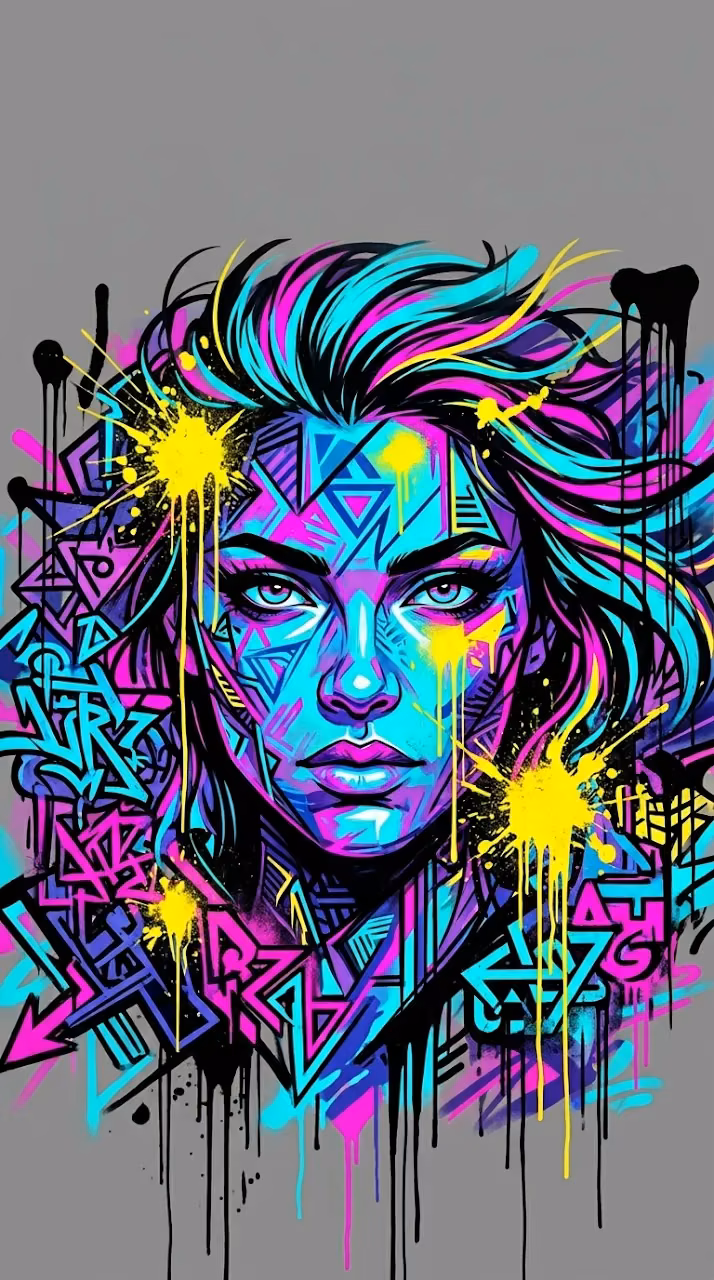 Download Vibrant Urban Graffiti Illustration of a Stylized Face with Abstract Geometric Splatters Wallpaper in Mobile HD Vibrant Urban Graffiti Illustration of a Stylized Face with Abstract Geometric Splatters - Free Mobile AMOLED Wallpaper Background