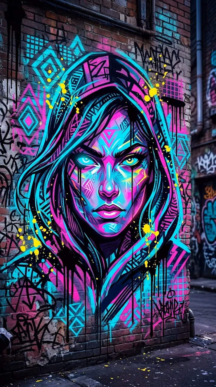 Download Vibrant Urban Graffiti Illustration of a Stylized Face with Abstract Splatters Wallpaper in Mobile HD Vibrant Urban Graffiti Illustration of a Stylized Face with Abstract Splatters - Free Mobile AMOLED Wallpaper Background
