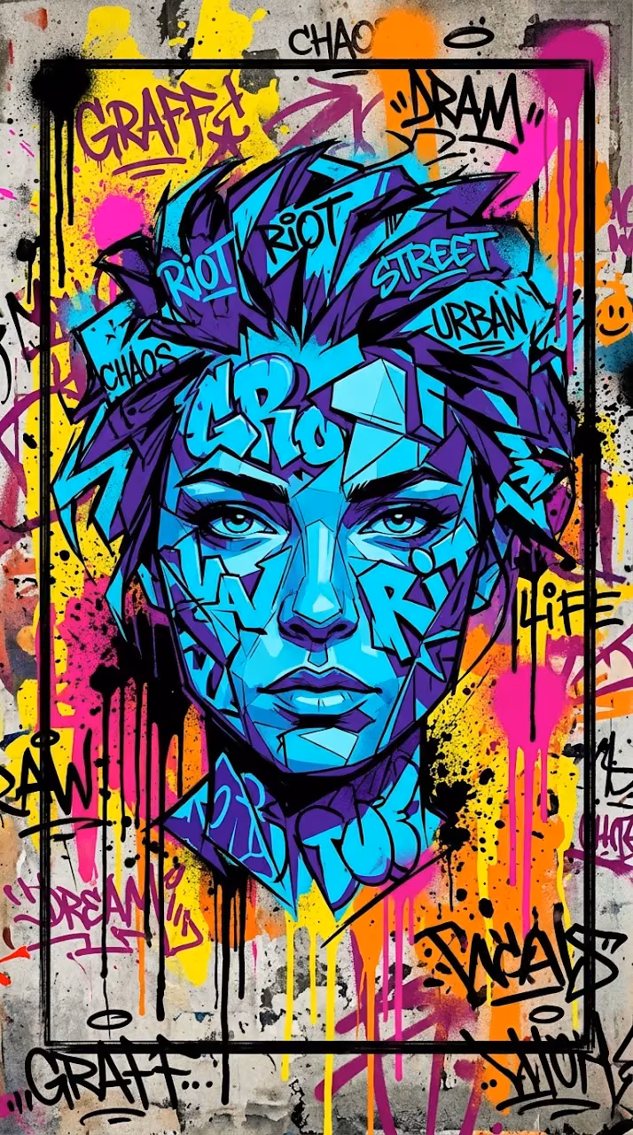 Download Vibrant Urban Graffiti Illustration of a Stylized Face with Abstract Splatters Wallpaper in Mobile HD Vibrant Urban Graffiti Illustration of a Stylized Face with Abstract Splatters - Free Mobile AMOLED Wallpaper Background