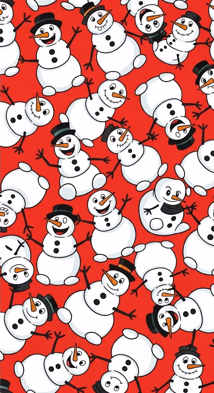 Vibrant Vertical Seamless Pattern of Cartoon Snowmen on a Red Background - Free Mobile AMOLED Wallpaper Background