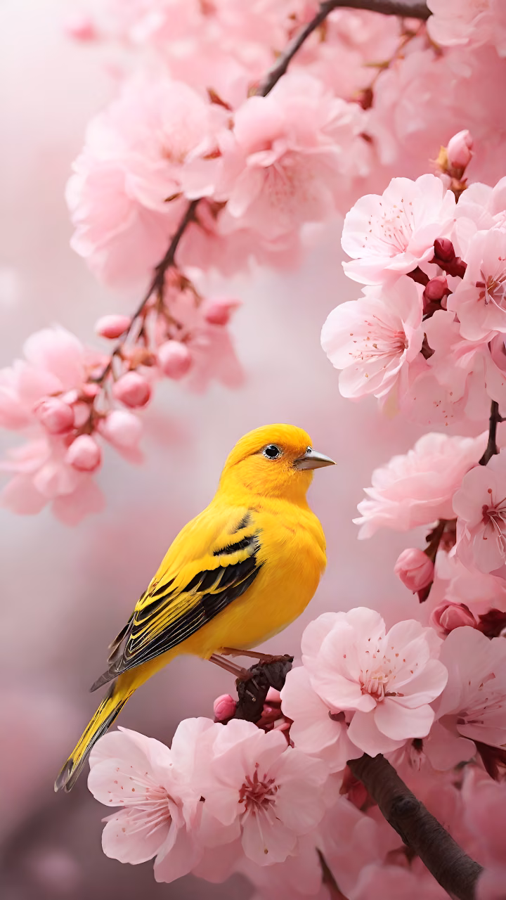 Vibrant Yellow Bird Perched Among Pink Cherry Blossoms - Free Mobile AMOLED Wallpaper Background