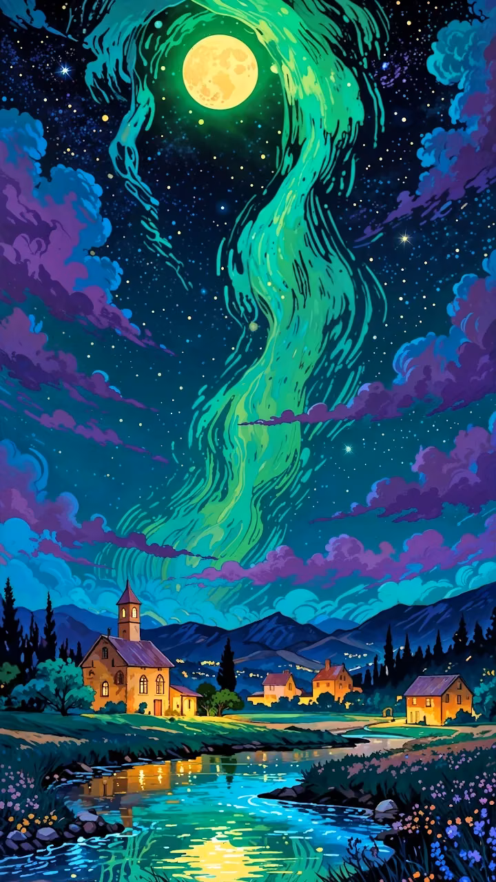 Village Under Aurora Borealis and Full Moon - Free Mobile AMOLED Wallpaper Background