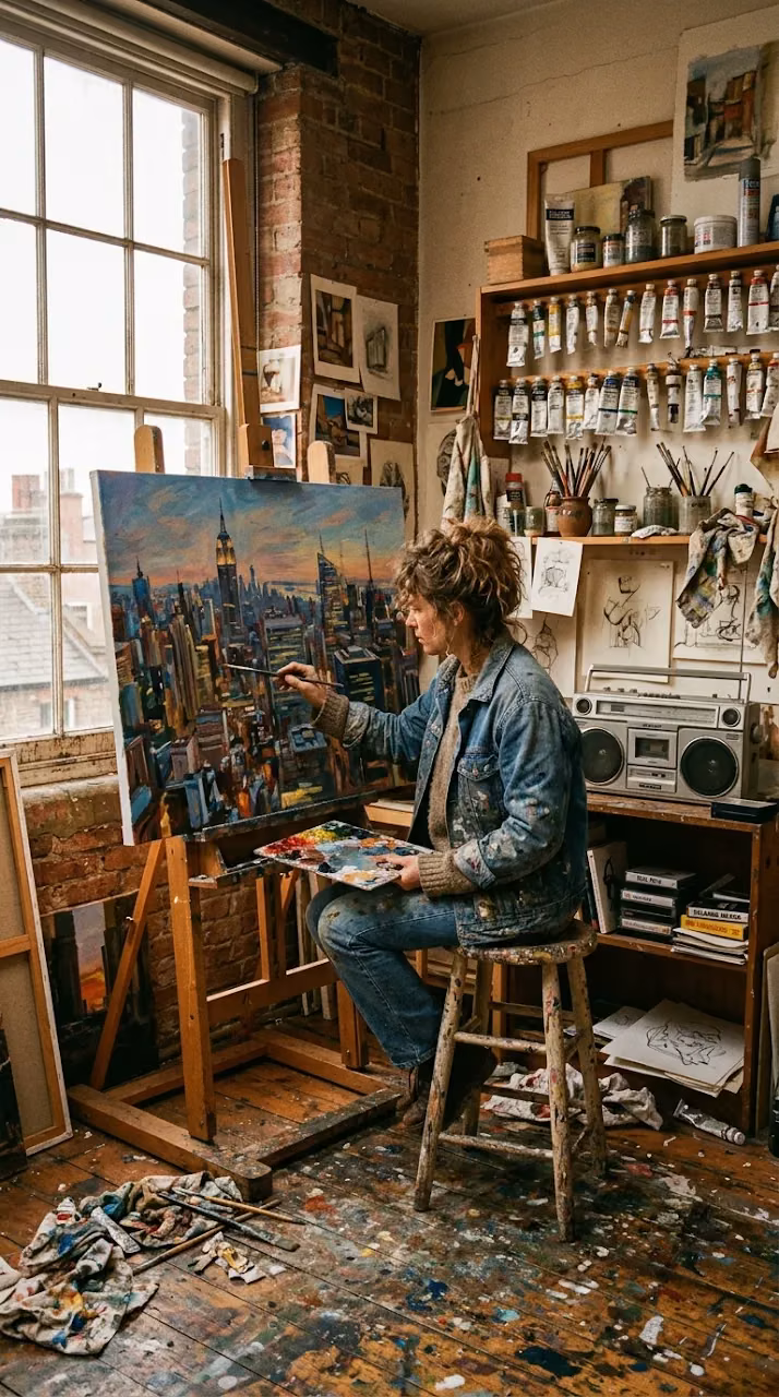 Download Vintage 1980s Artist's Studio with Easel and Retro Supplies Wallpaper in Mobile HD Vintage 1980s Artist's Studio with Easel and Retro Supplies - Free Mobile AMOLED Wallpaper Background
