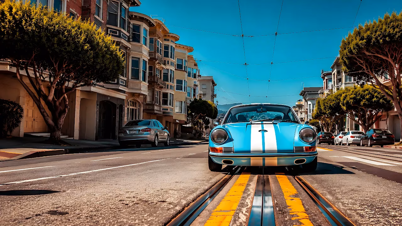 Download Vintage Blue Sports Car San Francisco 4K Wallpaper in 4K UHD Classic light blue sports coupe with white racing stripes centered on streetcar tracks in a city street.