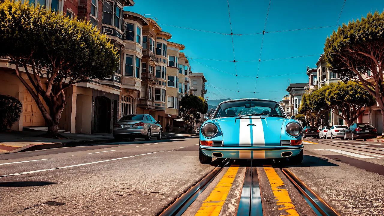 Classic light blue sports coupe with white racing stripes centered on streetcar tracks in a city street.
