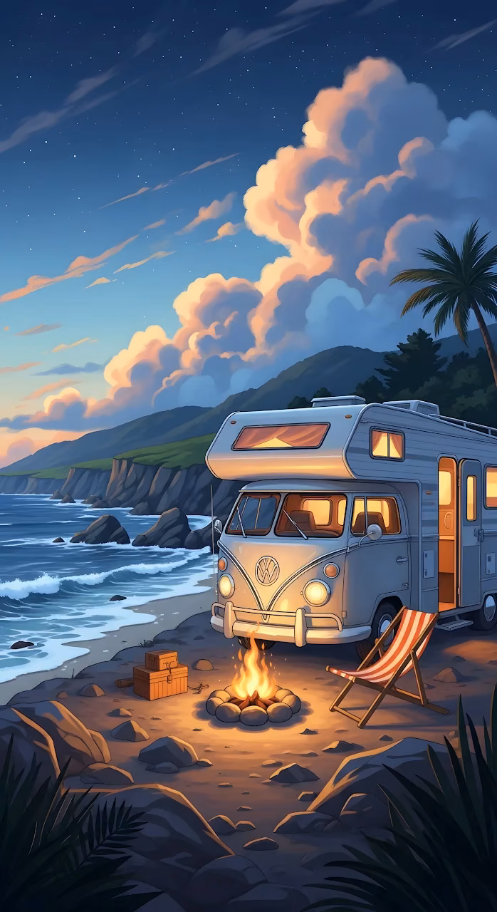 Vintage Camper Van Beach Campfire Twilight Coastline - Free Mobile AMOLED Wallpaper Background