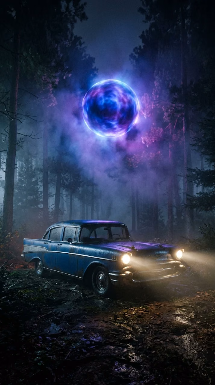Download Vintage Car in Foggy Forest with Glowing Celestial Orb Wallpaper in Mobile HD Vintage Car in Foggy Forest with Glowing Celestial Orb - Free Mobile AMOLED Wallpaper Background