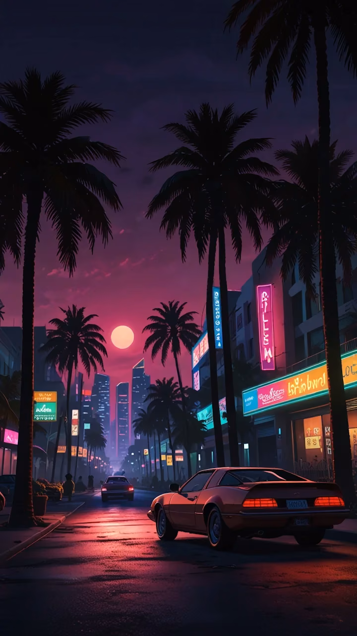 Vintage car parked under palm trees during neon sunset - Free Mobile AMOLED Wallpaper Background