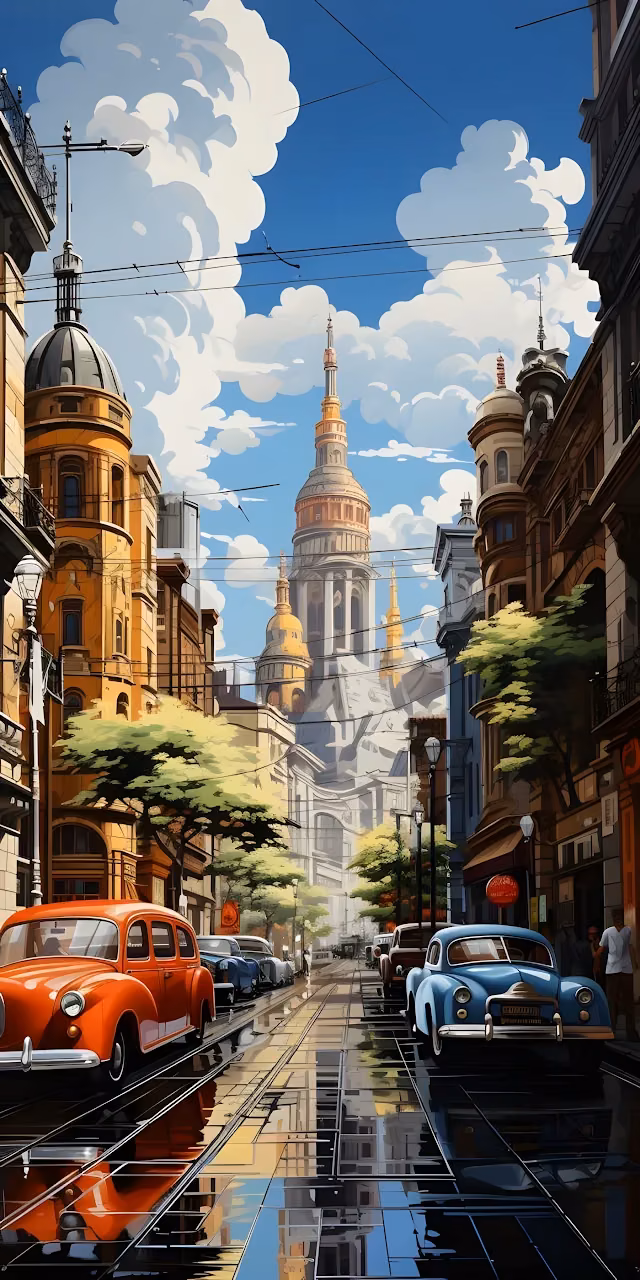 Download Vintage Cars on Wet City Street with Grand Cathedral Wallpaper in Mobile HD Vintage Cars on Wet City Street with Grand Cathedral - Free Mobile AMOLED Wallpaper Background