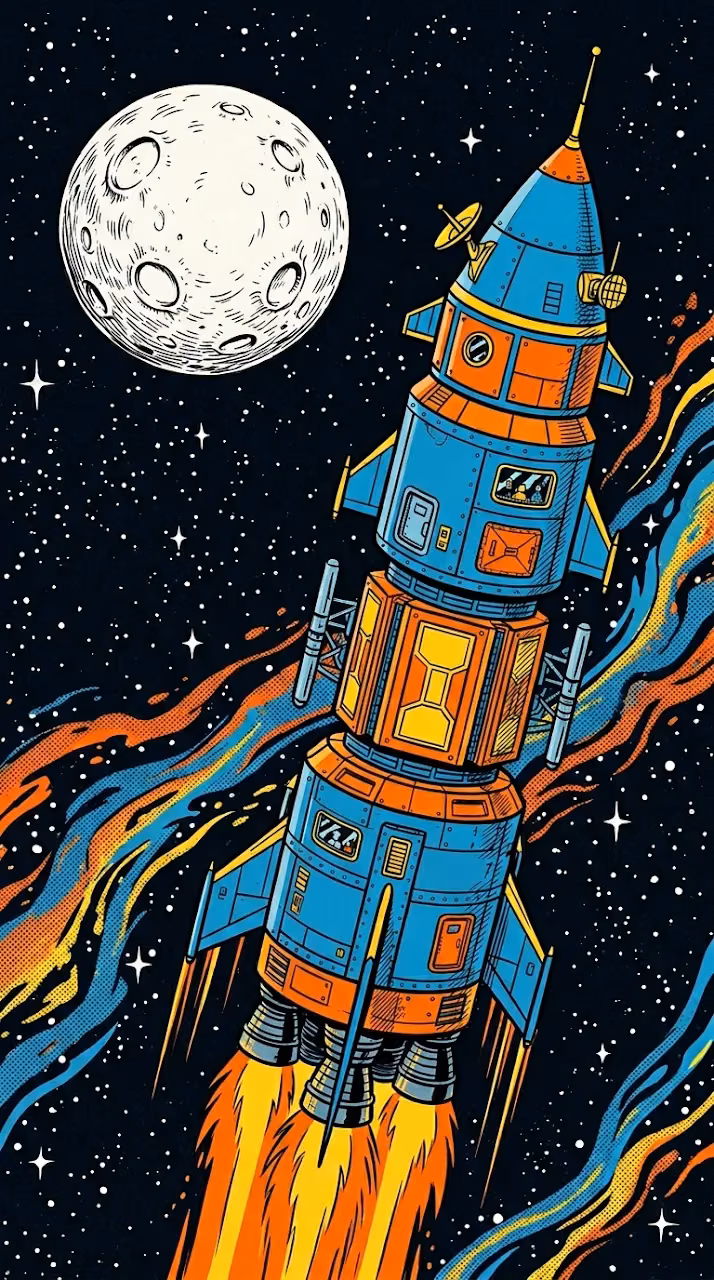 Vintage Comic Style Spaceship in Deep Space with Planets - Free Mobile AMOLED Wallpaper Background