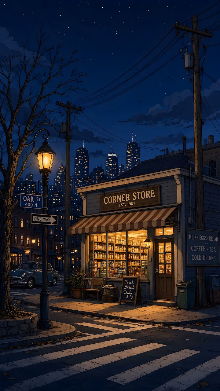 Download Vintage Corner Store Night Streetlamp HD Wallpaper in Mobile HD Cozy corner storefront glowing with warm yellow light on a city street at night with distant skyscrapers.