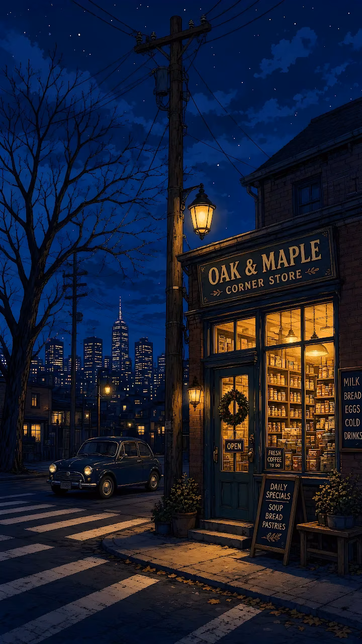 Download Vintage Corner Store Night Scene HD Wallpaper in Mobile HD Illuminated Oak and Maple corner store at night with a vintage blue car parked outside.