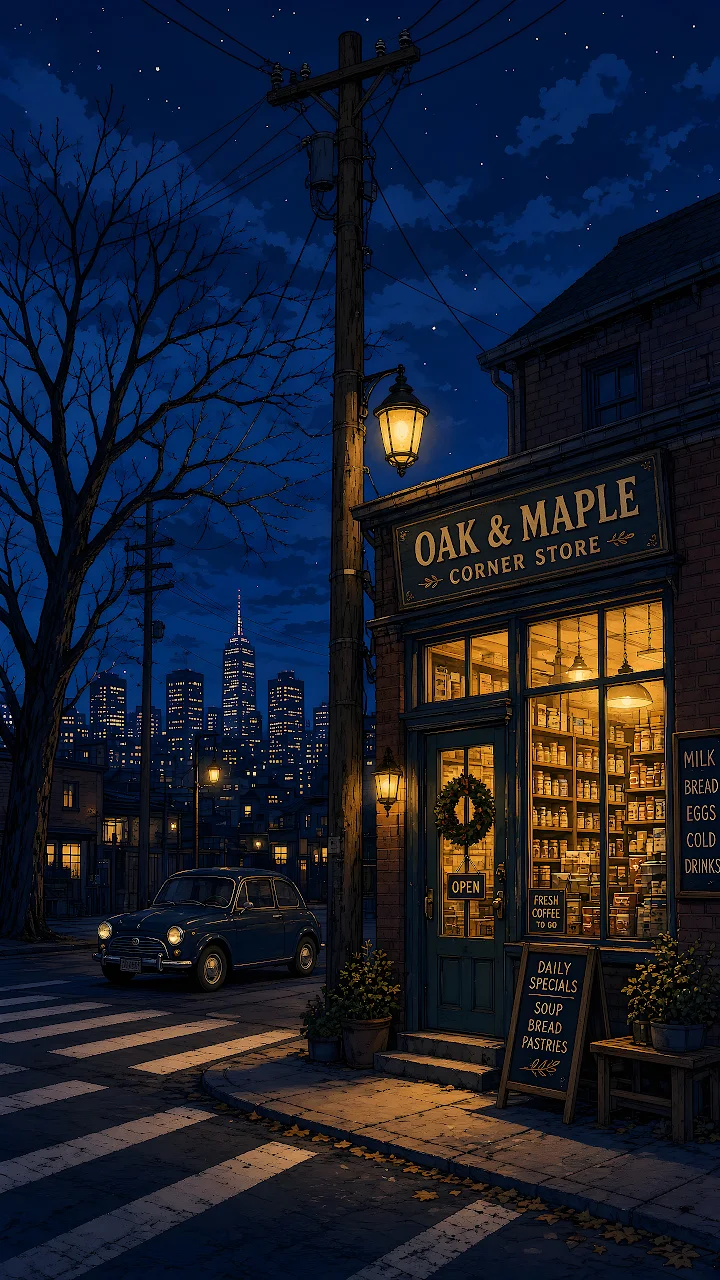 Download Vintage Corner Store Night Scene HD Wallpaper in Mobile HD Illuminated Oak and Maple corner store at night with a vintage blue car parked outside.