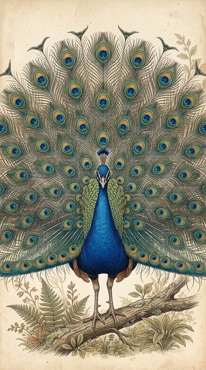 Vintage Detailed Peacock Natural History Illustration - Free Mobile AMOLED Wallpaper Background