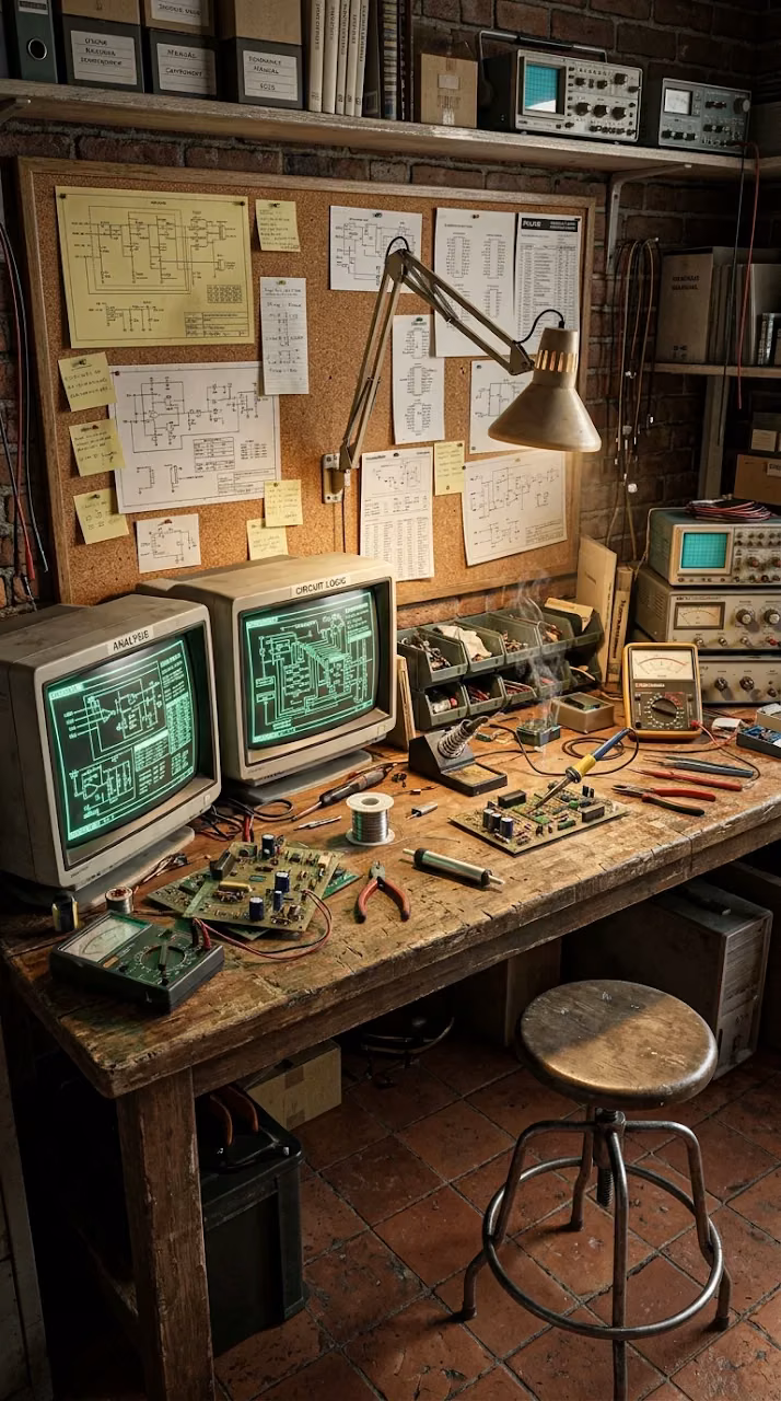 Vintage Electronics Workshop with Circuit Boards and CRT Monitors - Free Mobile AMOLED Wallpaper Background