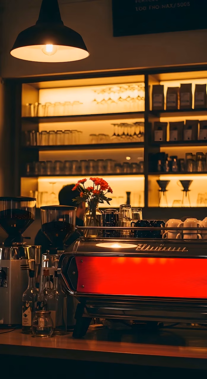 Vintage Espresso Machine Glow in Cozy Cafe Interior - Free Mobile AMOLED Wallpaper Background