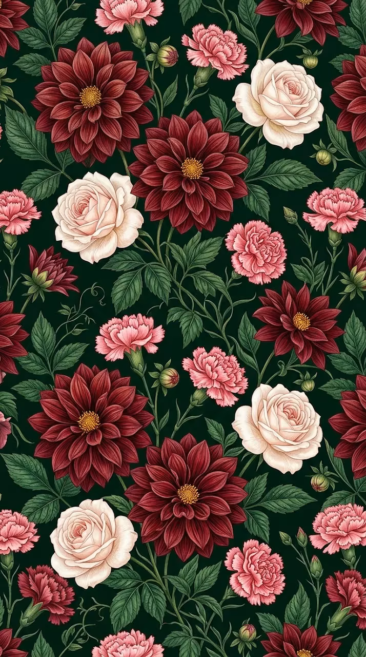 Download Vintage Floral Pattern with Burgundy Dahlias and White Roses Wallpaper in Mobile HD Vintage Floral Pattern with Burgundy Dahlias and White Roses - Free Mobile AMOLED Wallpaper Background