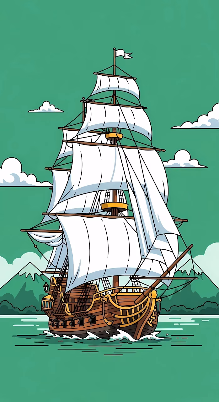 Download Vintage Galleon Sailing Past Green Cartoon Mountains Wallpaper in Mobile HD Vintage Galleon Sailing Past Green Cartoon Mountains - Free Mobile AMOLED Wallpaper Background