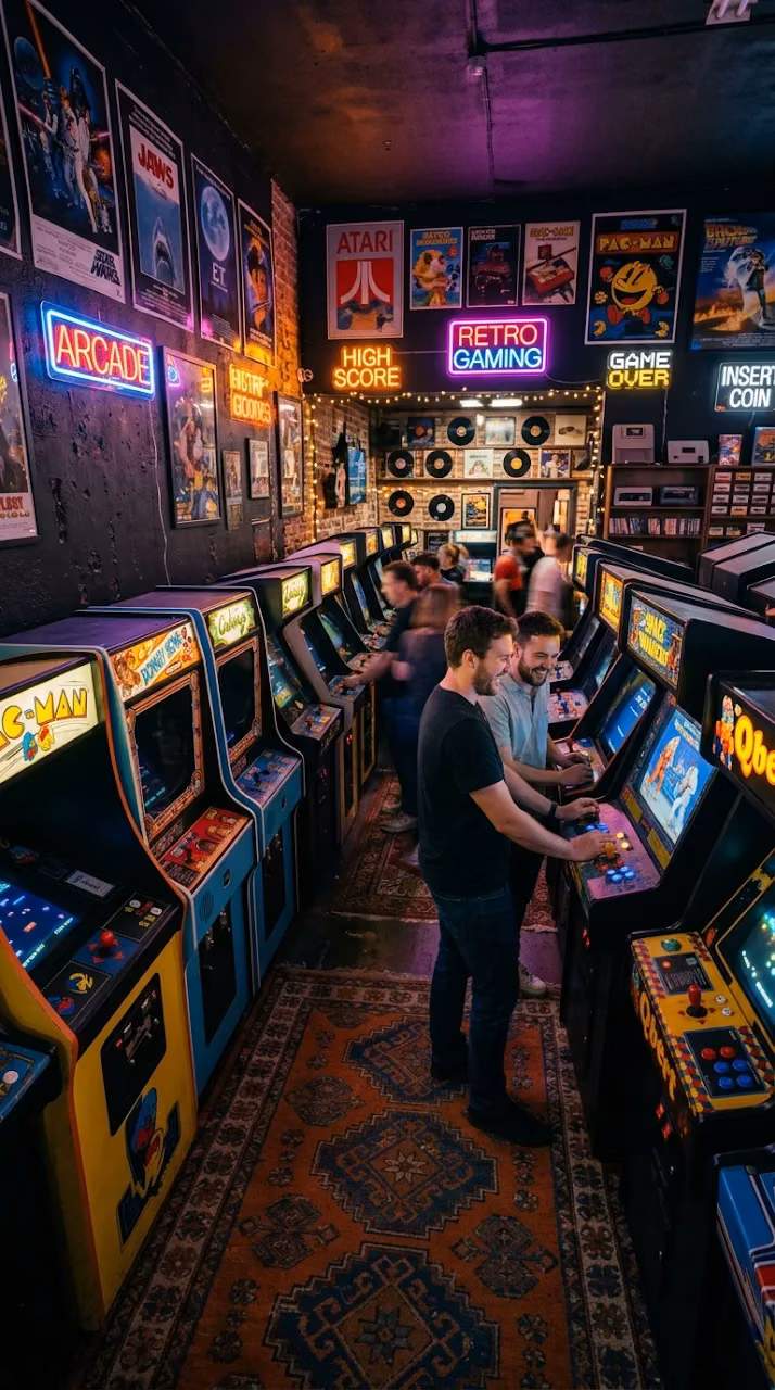 Vintage Gaming Room with Retro Arcade Machines and Neon Lighting - Free Mobile AMOLED Wallpaper Background