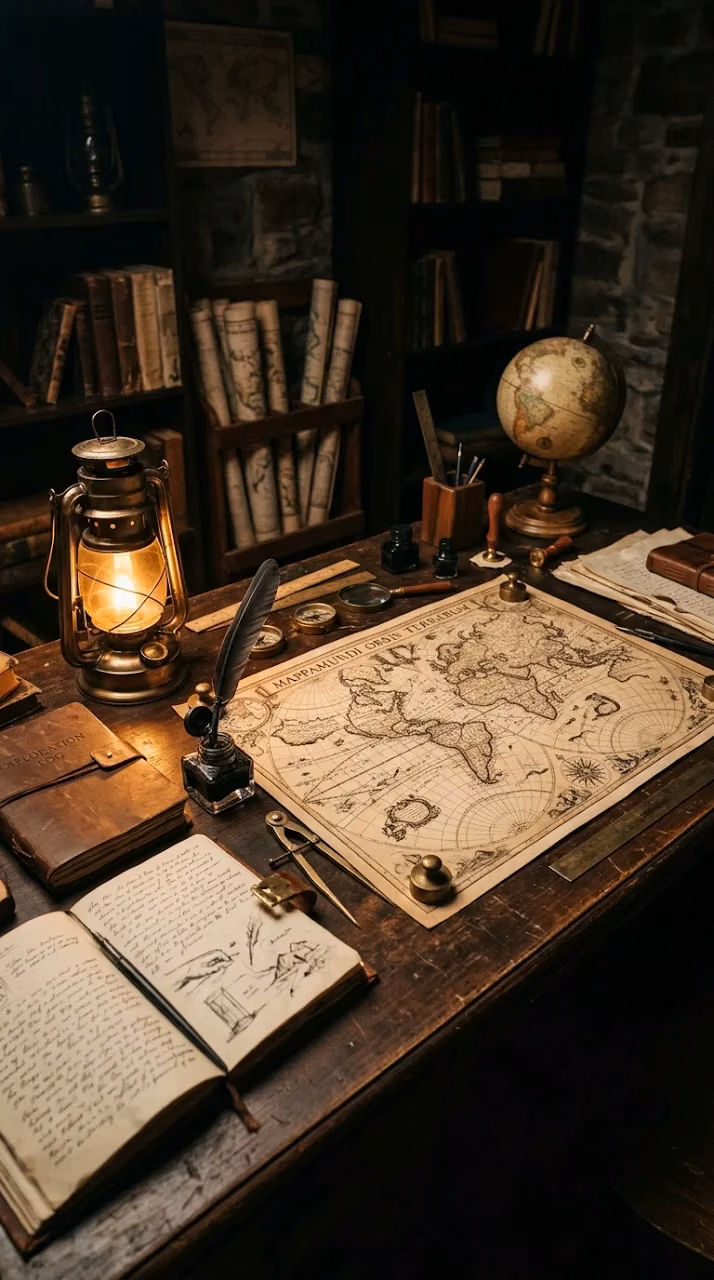 Vintage Map and Antique Lantern on Explorer Study Table - Free Mobile AMOLED Wallpaper Background