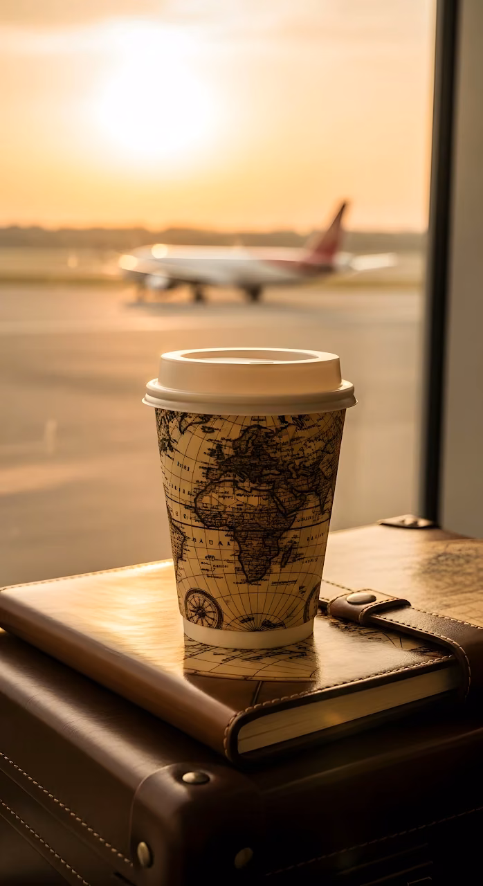 Vintage Map Coffee Cup Travel Journal Airport Sunset - Free Mobile AMOLED Wallpaper Background