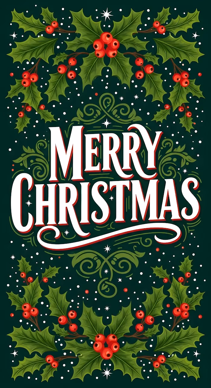 Vintage Merry Christmas Lettering with Holly and Berries - Free Mobile AMOLED Wallpaper Background