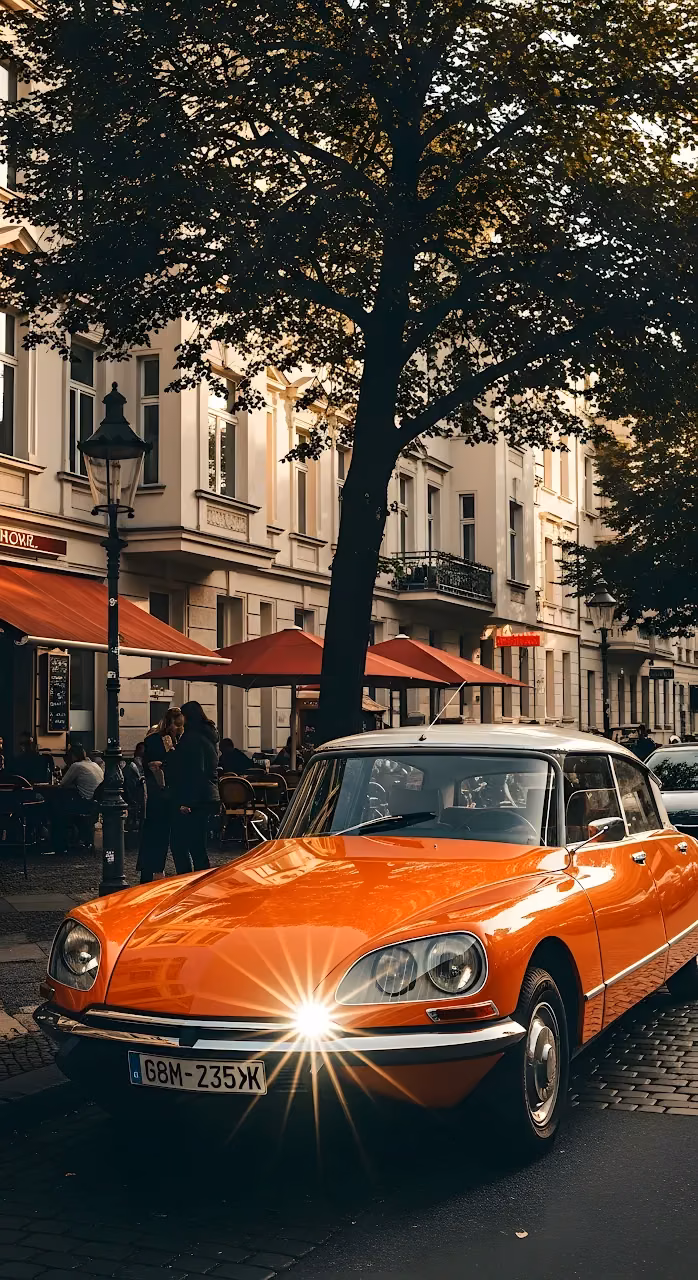 Vintage Orange Citroen DS Parked on European Cobblestone Street - Free Mobile AMOLED Wallpaper Background