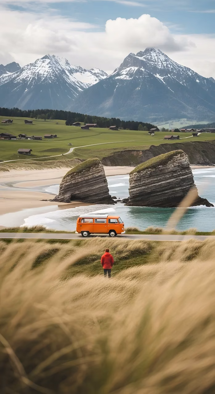 Vintage Orange VW Bus on Coastal Road with Snowy Peaks - Free Mobile AMOLED Wallpaper Background