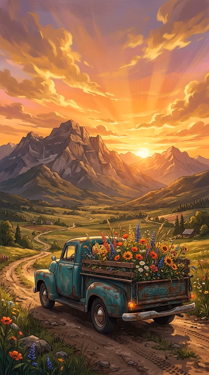 Download Vintage Pickup Truck with Wildflowers in Rural Mountain Sunset Landscape Wallpaper in Mobile HD Vintage Pickup Truck with Wildflowers in Rural Mountain Sunset Landscape - Free Mobile AMOLED Wallpaper Background