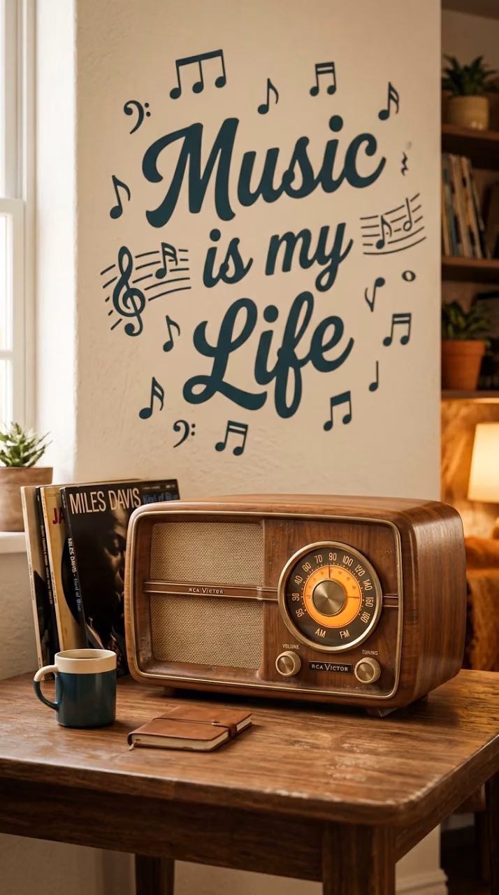 Vintage Radio Graphic with 'Music is my Life' Typography - Free Mobile AMOLED Wallpaper Background