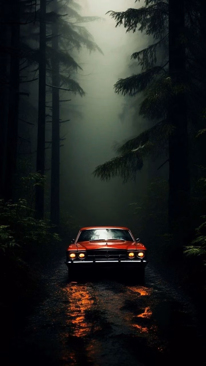 Download Vintage Red Car Driving Through Dark Foggy Pine Forest Wallpaper in 4K UHD Vintage Red Car Driving Through Dark Foggy Pine Forest - Free 4K Desktop Wallpaper Background