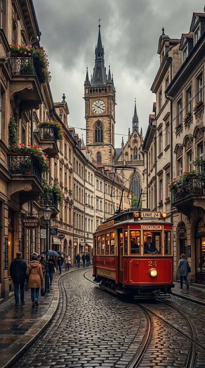 Download Vintage Red Tram in Historic European City Wallpaper in Mobile HD Vintage Red Tram in Historic European City - Free Mobile AMOLED Wallpaper Background
