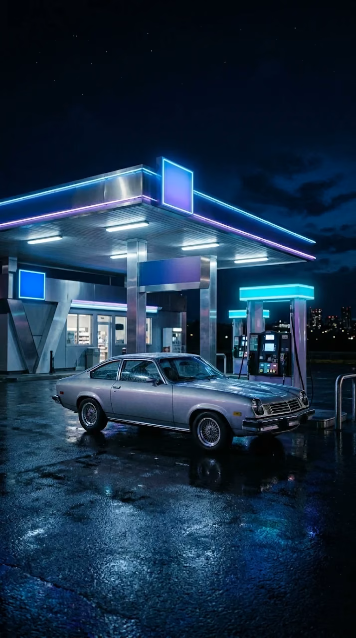 Download Vintage Silver Sports Coupe at Modernist Gas Station Wallpaper Wallpaper in Mobile HD Vintage Silver Sports Coupe at Modernist Gas Station Wallpaper - Free Mobile AMOLED Wallpaper Background