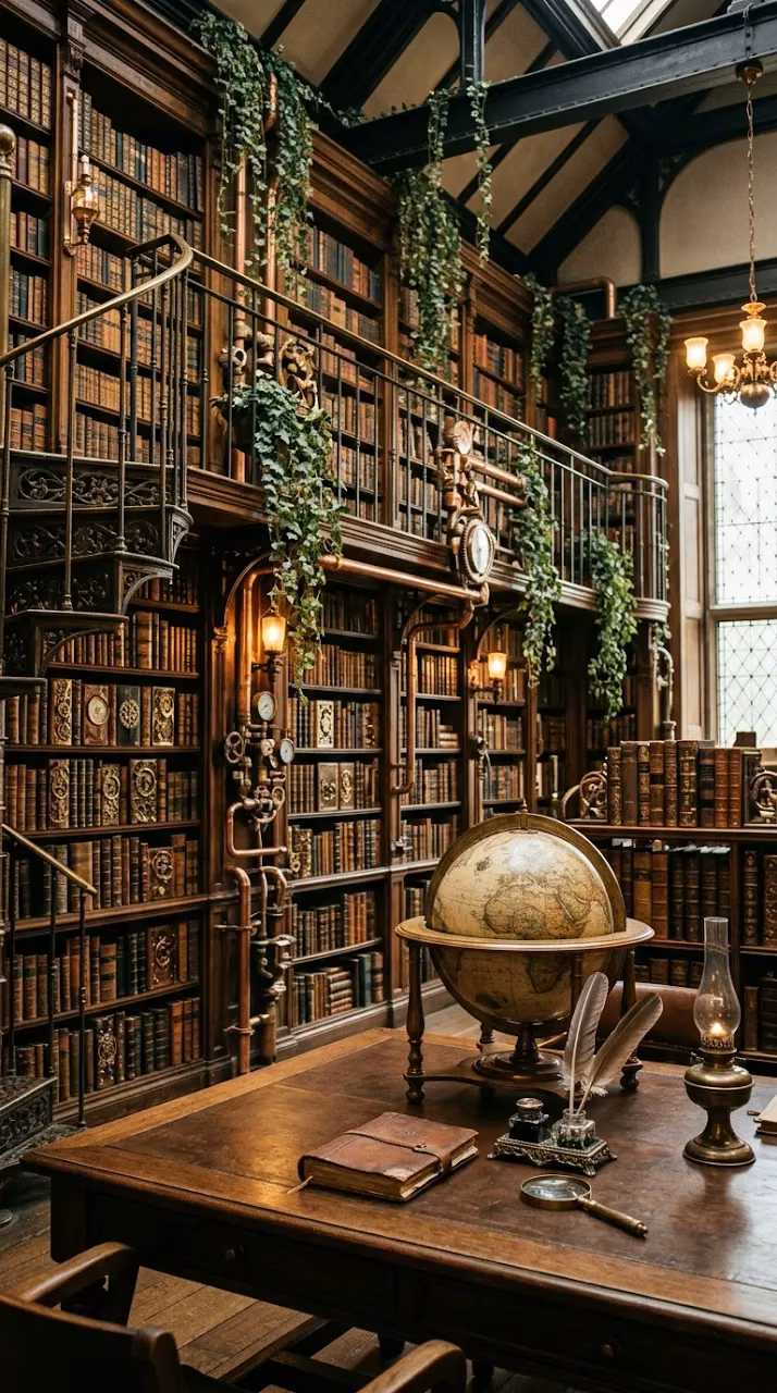 Download Vintage Steampunk Library with Clockwork Books and Ivy Wallpaper in Mobile HD Vintage Steampunk Library with Clockwork Books and Ivy - Free Mobile AMOLED Wallpaper Background