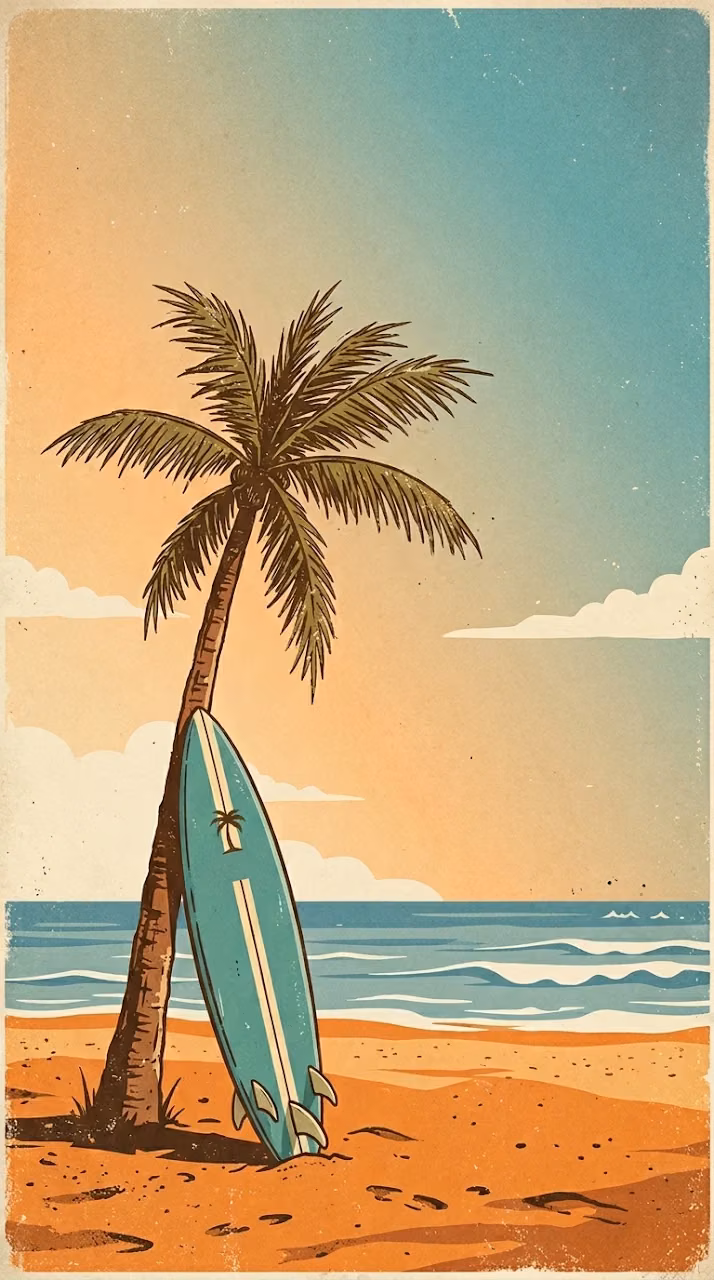 Vintage Style Beach Poster with Surfboard and Palm Tree - Free Mobile AMOLED Wallpaper Background