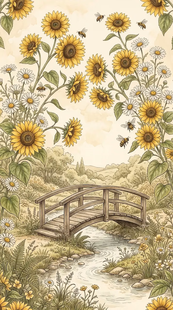 Vintage Style Botanical Illustration with Sunflowers and Wooden Bridge - Free Mobile AMOLED Wallpaper Background